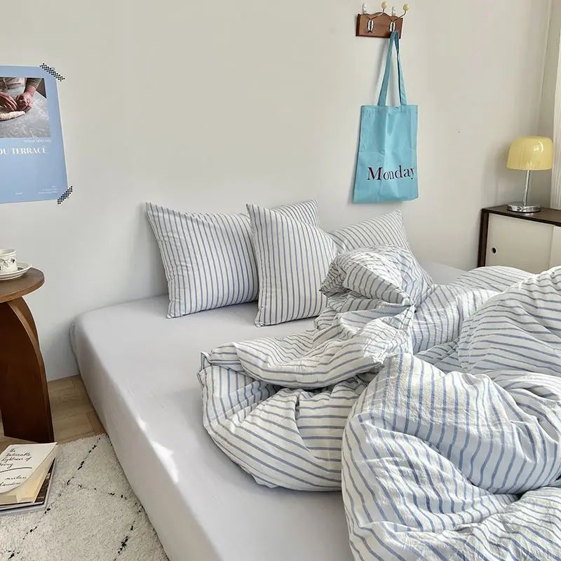 Yeknu Ins Style Bedding Set Duvet Cover Wash Cotton Stripe Summer Soft Cool Summer Bed Sheet Set Comforter Set Quilt Cover