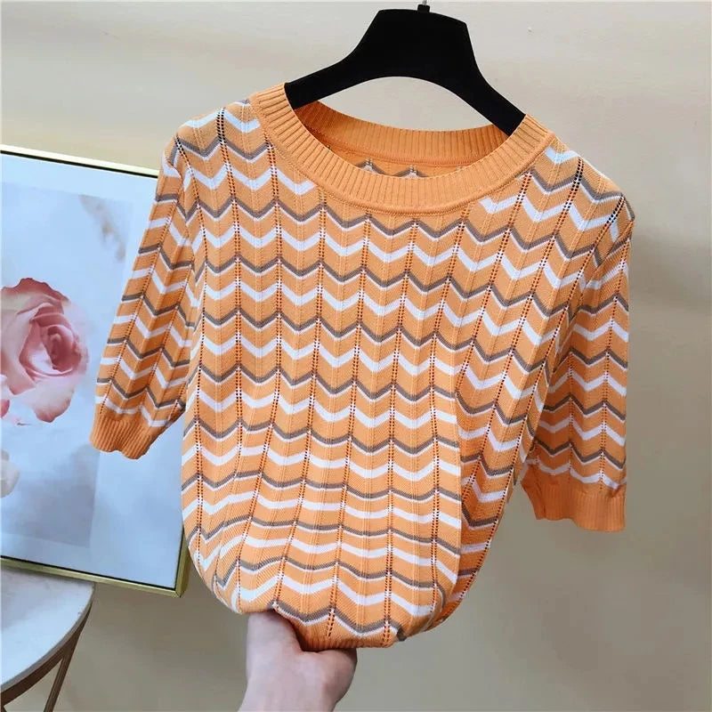 Casual Hollow Out Stripe Knitted Short Sleeve Top Women New Summer Thin Short T-shirt Korean Fashion Plus Size 4xl O-neck Female