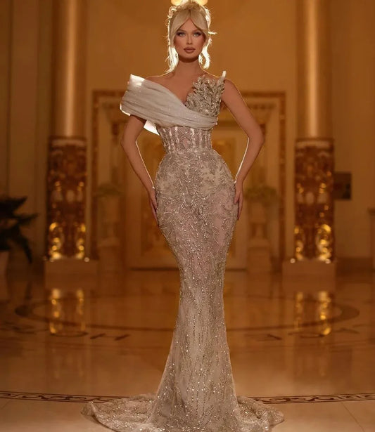 qgtao Luxury 2024 Champagne V-Neck Mermaid Party Evening Gowns Sexy Decal 3D Lace Beaded Senior Formal Occasion Dresses Customization