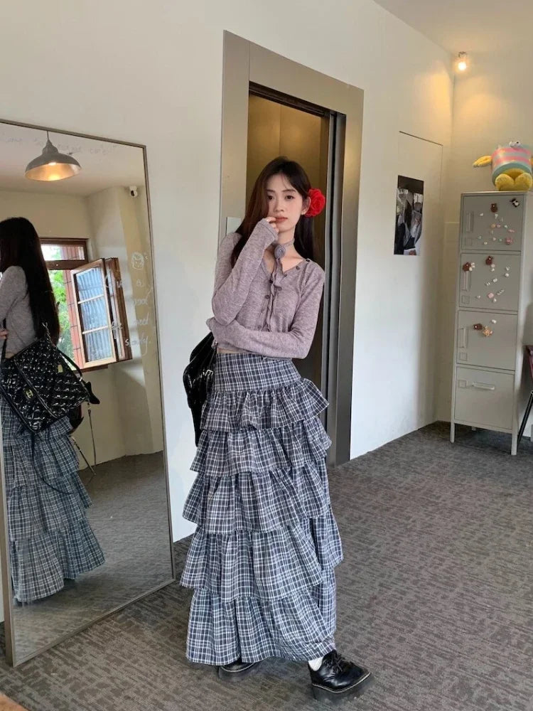 qgtao  -  Harajuku Tiered Plaid Skirt Pleated High Waist Long Maxi Cake Skirt Mujer Summer Fashion Tshirt Sexy Two Piece Set Women