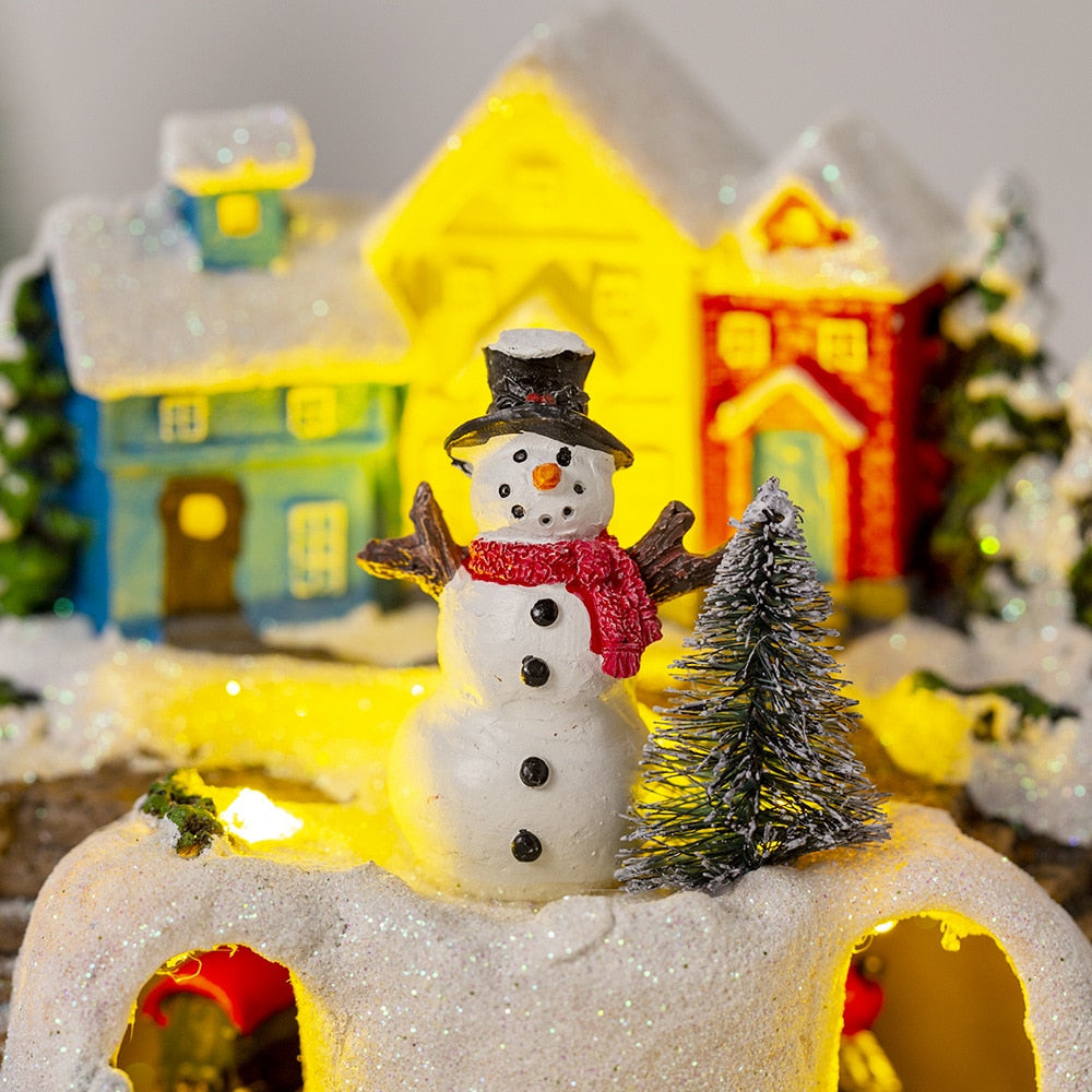 Christmas House Village Music Led Glow Rotating Train Snowman Santa Building Cabin Resin Crafts Xmas Holiday Ornament Home Decor