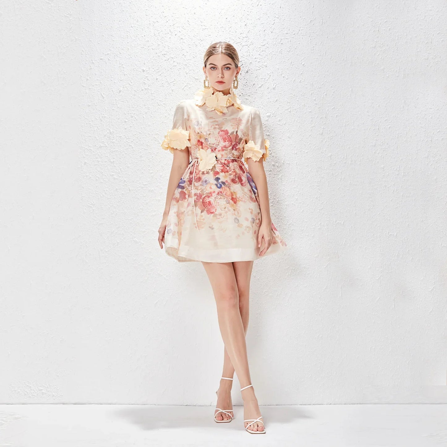 qgtao 2024 NEW Women Floral Mini Dress Spring Summer Printed Standing Collar Short Sleeve Vestido Ladies Holiday Party Vintage Dresses