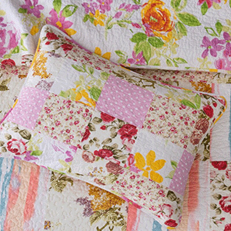 Yeknu Double Bed Cotton Printed Floral Rose 3 Piece Quilted Quilt Pillowcase Free Shipping