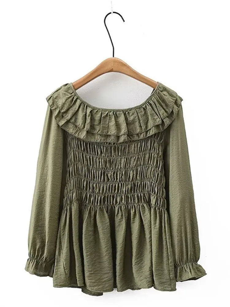 qgtao Plus Size Women's Clothing Autumn Pullover Imitation Silk Satin Shirt Top With High Stretch Pleats And Ruffles On The Chest