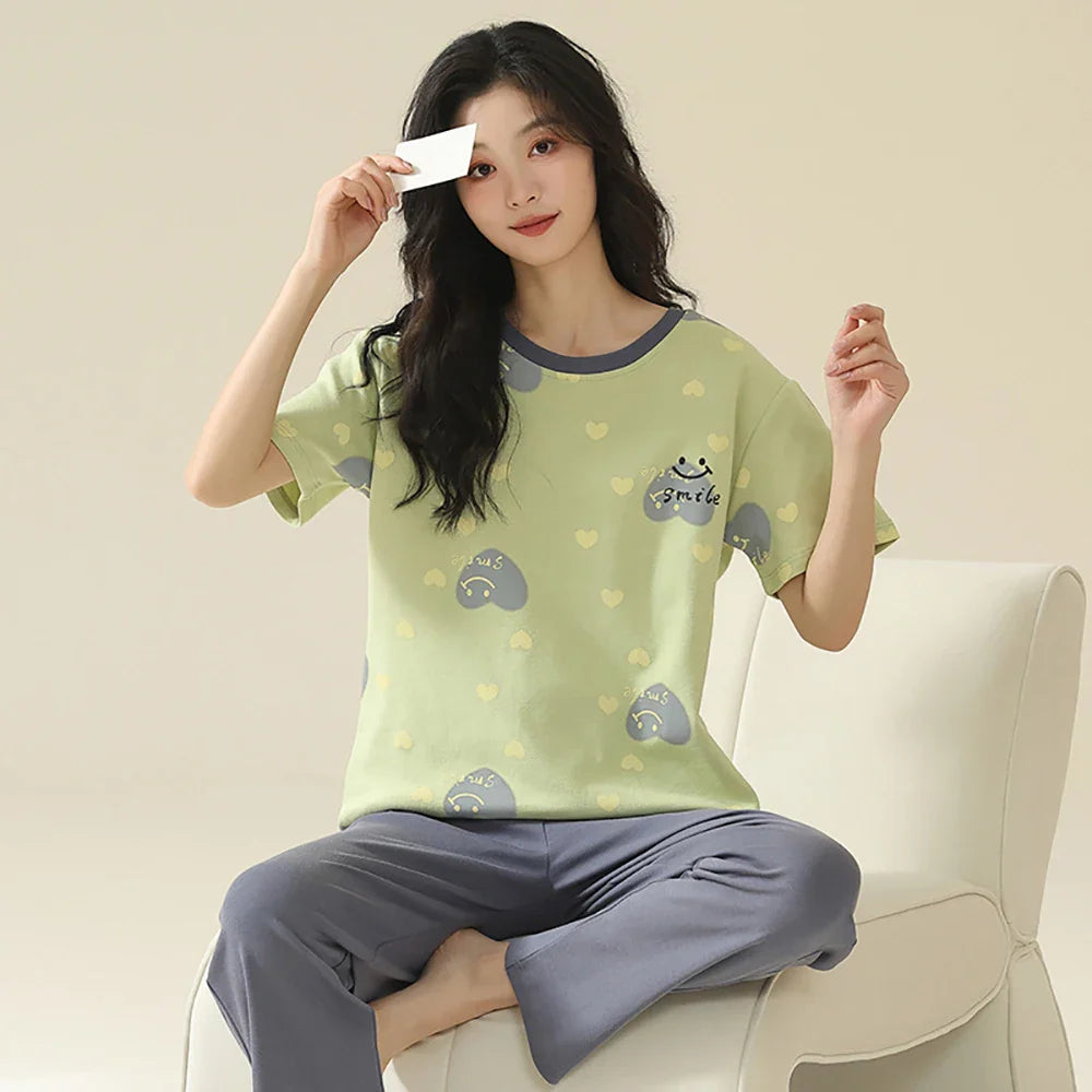 qgtao M-2XL 100% Cotton Women's Pajamas Casual Summer Short Sleeve Thin Pijama Sets Breathable Soft Pajama Sleepwear With Two Pockets