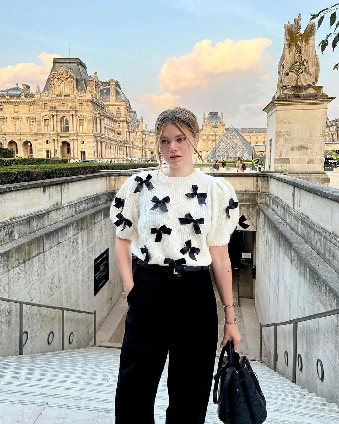 qgtao - Elegant Puff Short Sleeve 3d Bow White Knit Sweater Women Fashion O-neck Pullover 2024 New Lady Out Streetwear Sweaters Tops
