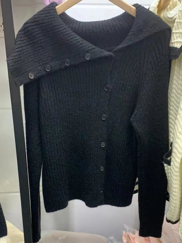 UCXQ Winter Women's Sweater 2024 New Versatile Sexy Coats Solid Irregular Off Shoulder Knitted Cardigan French Retro Knitwears