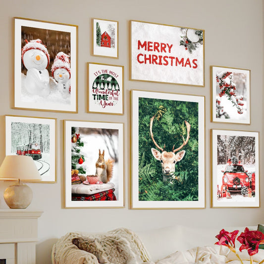 Christmas Red Train Vintage Car Green Pine Gift Wall Art Canvas Painting Living Room Decor Posters And Prints Home Wall Pictures