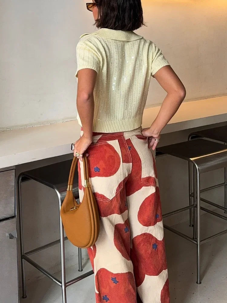 qgtao - Elegant Sequins Sparkling Knitted Short Sleeved Pullover Female Solid Simple Lapel Button Pullovers 2024 New Lady Knitwear Tops