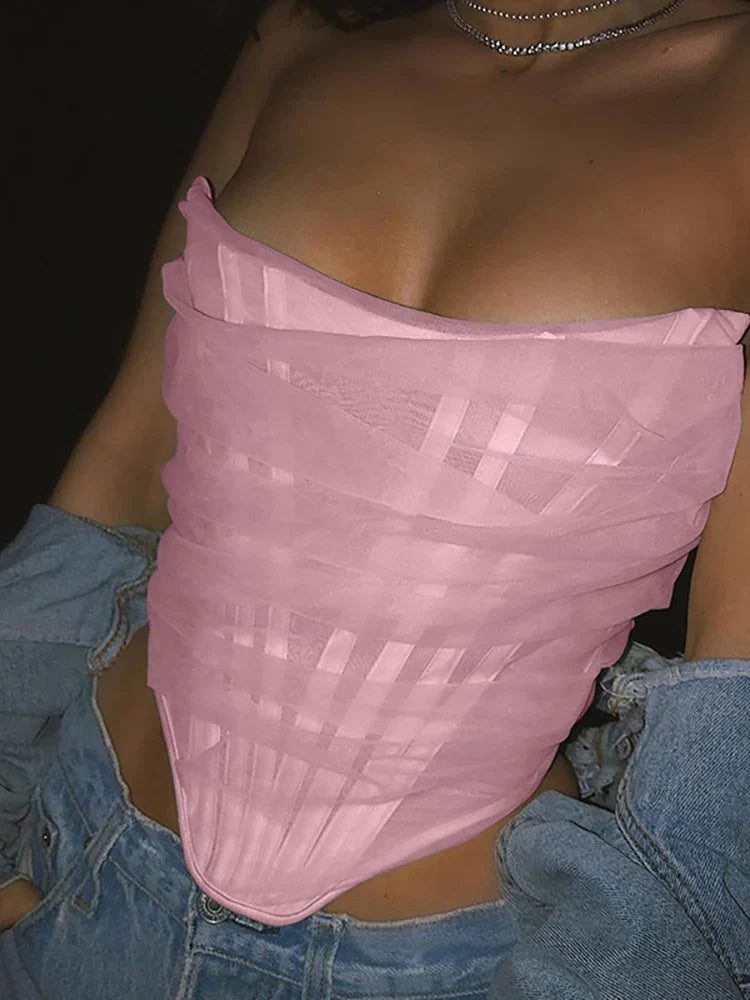 Colysmo Mesh Crop Top Women Summer Tops Sexy Party Club Wear Off Shoulder Corset Top Solid Color Casual Streetwear Tube Top