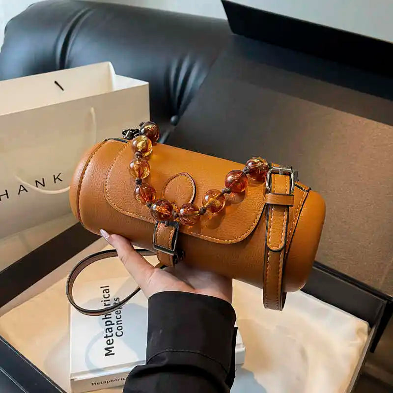 qgtao PU New Cylinder Crossbody Bag For Women Versatile Beading Decor Handheld Spring Autumn Fashion Solid Color Single Shoulder Bag