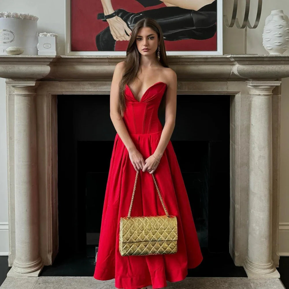 qgtao Summer Formal Occasion Strapless Dress Sexy Elegant Fit and Flare Birthday Party Dresses Red Women's Clothing