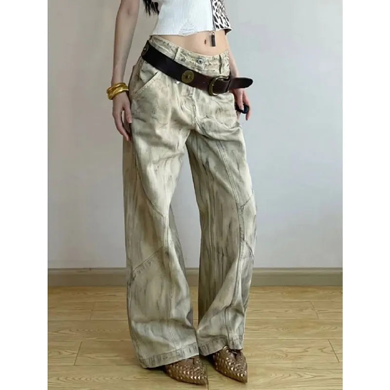 qgtao - Blue Womens Jeans High Waist Vintage Straight Summer Y2K Classic Denim Pants Streetwear American Wide Leg Baggy Denim Trouser