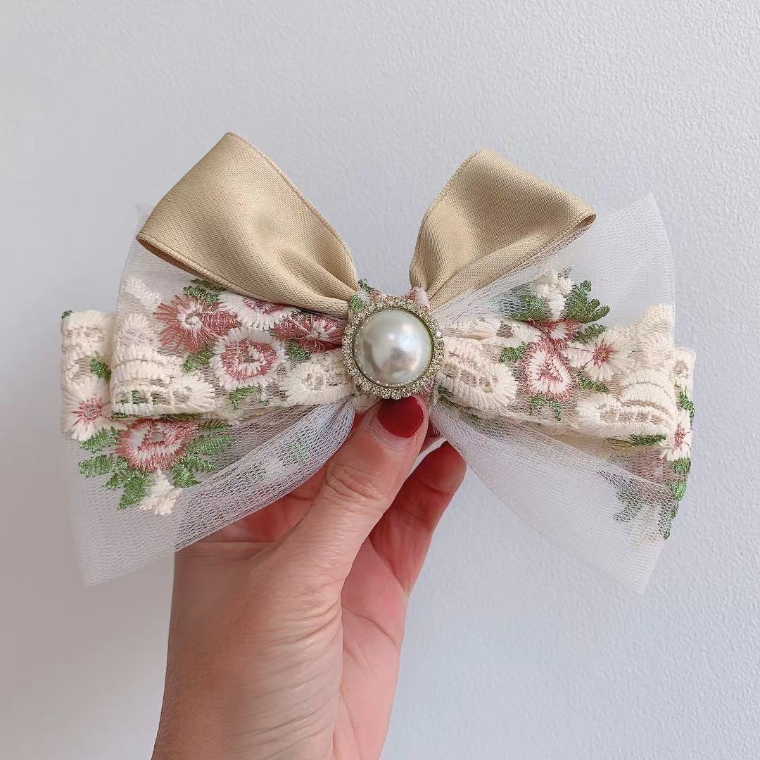 Korean Ribbon Bow Spring Barrette Hair Clips Embroidery Flower Hairpins Fabric Hair Bows Hoop Daily Casual Hair Accessories Gift