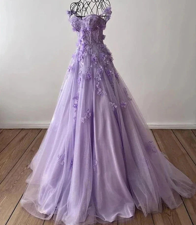 qgtao Princess 3D Flower Sweet A-line Tulle Evening Dress Purple Prom Dress Handmade Robe