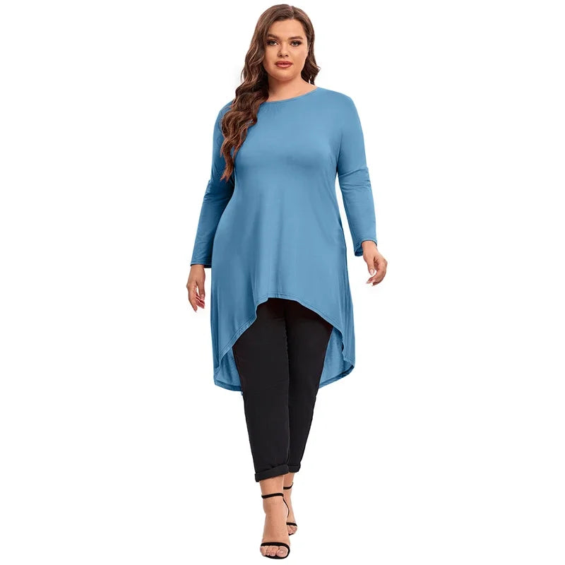 qgtao Plus Size Elegant Long Sleeve Spring Autumn Tunics Women Long Loose Fit Flare Basic Swing Blouse Tops Large Size Casual T Shirt
