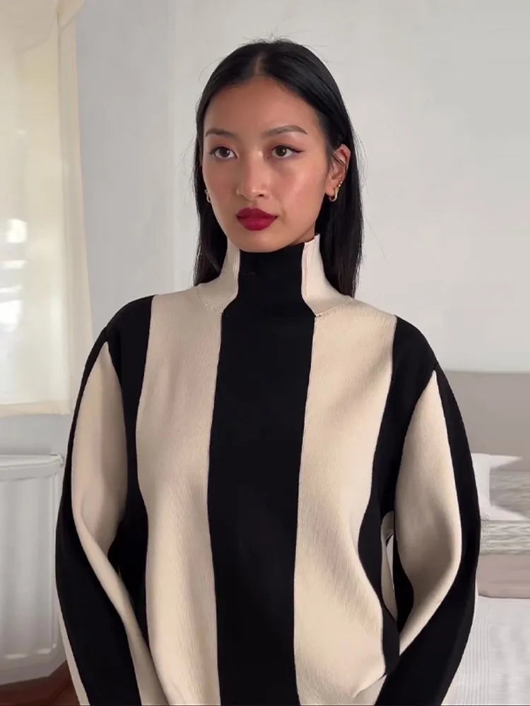 Vertical Stripe Mock Turtleneck Sweater For Women Autumn O-neck Long Sleeve Knitter Pullover Vintage Fashion Commute Jumpers