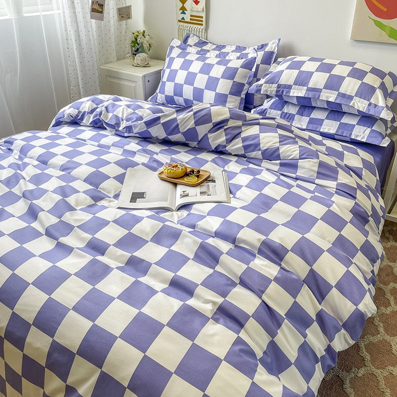 Yeknu King Size Bedding Set with Quilt Cover Flat Sheet Pillowcase Kids Girls Boys Checkerboard Pinted Single Double Bed Linen