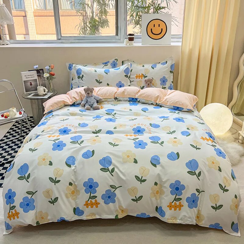 Yeknu - Floral Printed Duvet Cover Set with Sheet Pillowcases Warm Cute Cartoon Bed Linen Full Queen Size Home Gift Bedding Set