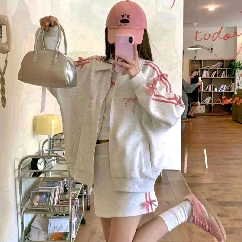 qgtao 2 Piece Skirt Sets Female Y2k Clothing Zipper Bow Sweet Korean Fashion Hoodie Suits Women Studentseven Party Outwear 2024