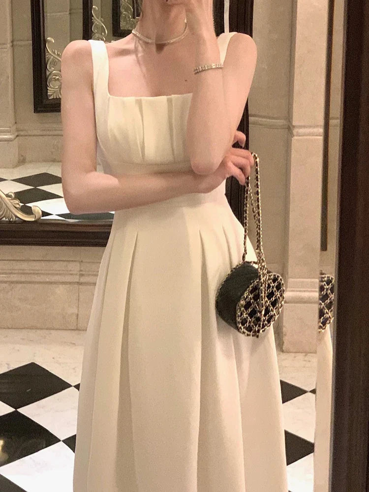 qgtao-Vintage Elegant Dress for Women Sleeveless Square Collar Spaghetti Strap Fashion Party Evening French Dress 2024 New Summer