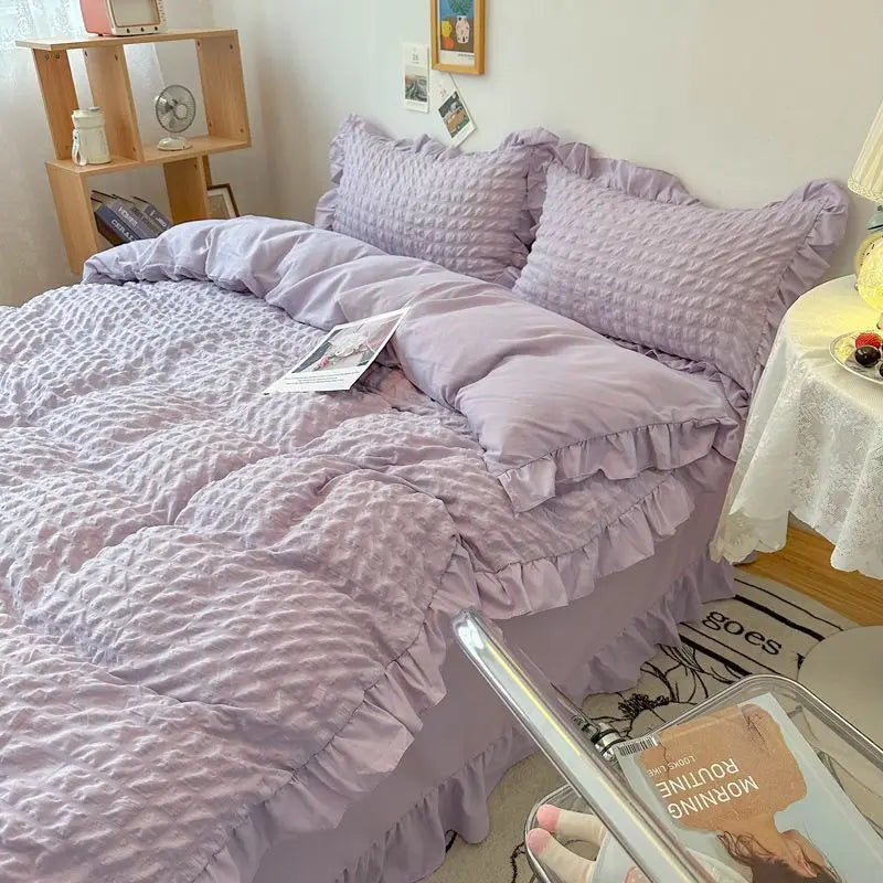 Yeknu Euro Solid Color Ruffle Bedding Sets Girl Couple Fluffy Queen Duvet Cover With Bed Skirt Pillowcase Bedroom Comfort 4 Pieces Set