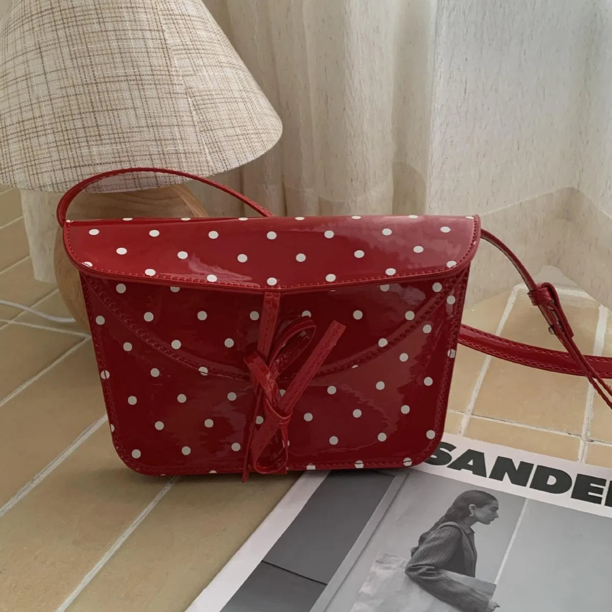 qgtao Wave Point Bow Crossbody Bag Retro Lacquered Leather Phone Small Bag Girls' Versatile Square Bag Spring Summer Hong Kong Style