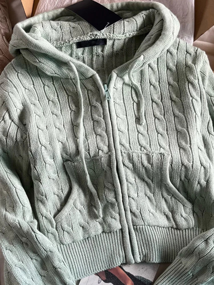 Solid Twist Knitted Hooded Cardigan Women Autumn Casual Cotton Ribbed Trim Zip-up Sweater Vintage Streetwear Cropped Tops Coat