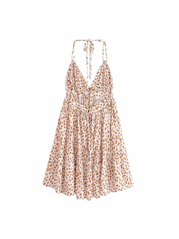 qgtao  Sexy V Neck Women Dress Summer Dresses Spaghetti Strap Printed Backless Beach Femme Mini Dress 