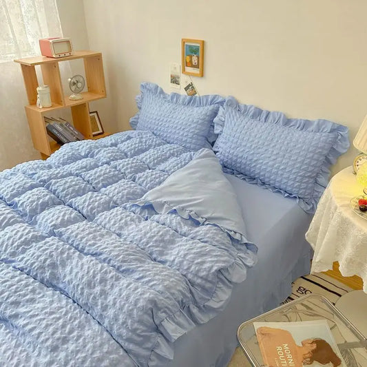 Yeknu Euro Solid Color Ruffle Bedding Sets Girl Couple Fluffy Queen Duvet Cover With Bed Skirt Pillowcase Bedroom Comfort 4 Pieces Set