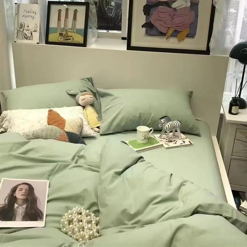 Yeknu Nordic Princess Pink Bedding Set Girls Adults Twin Full Queen Size Bed Flat Sheet Duvet Cover Pillowcases Solid Color Bed Linen