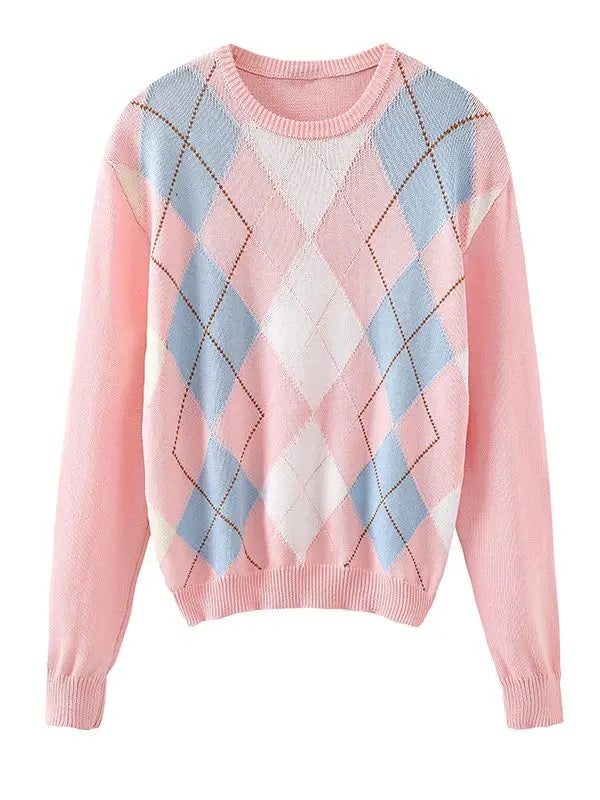 Sweet Girls Vintage Knitted Argyle Sweaters 2024 Early Autumn Fashion Ladies Pullovers Cute Women Chic Sweater Streetwear