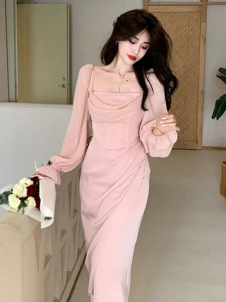 qgtao 2024 Autumn Solid Elegant Fairy Dresses Women Casual Party Fashion Korean One Piece Dress Female Lace Vintage Chic Midi Dresses