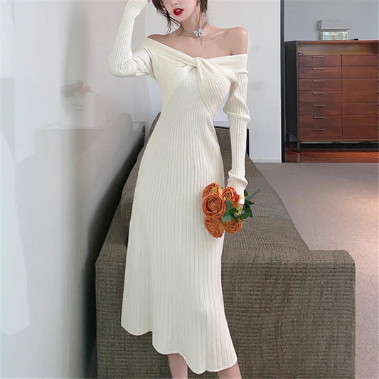 qgtao-Elegant Vintage Knitted Evening Dress for Women Autumn Winter Fashion Long Sleeve Slim Dresses Knit Sweater Lady Clothing 2023
