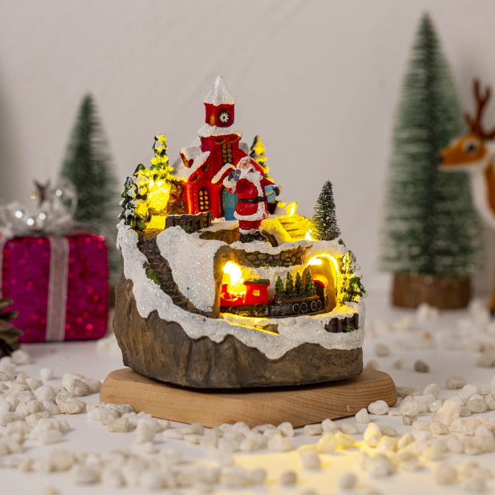 Christmas House Village Music Led Glow Rotating Train Snowman Santa Building Cabin Resin Crafts Xmas Holiday Ornament Home Decor