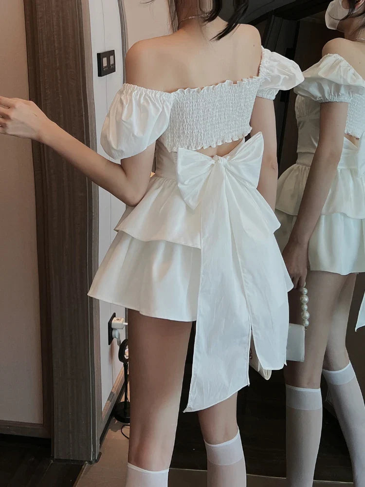qgtao 2024 White Sexy Backless Mini Dress Women Korean Fashion Casual Elegant Party Dress Female Ruffle Kawaii Lolita Party Y2k Dress