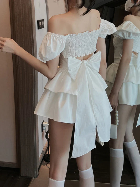 qgtao 2024 White Sexy Backless Mini Dress Women Korean Fashion Casual Elegant Party Dress Female Ruffle Kawaii Lolita Party Y2k Dress