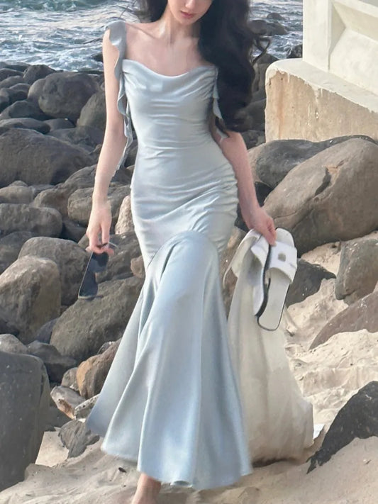 qgtao  Summer Elegant Satin Strap Midi Dress Women Vintage Casual Even Party Dress Pure Color One Piece Dress Korean Fashion Chic