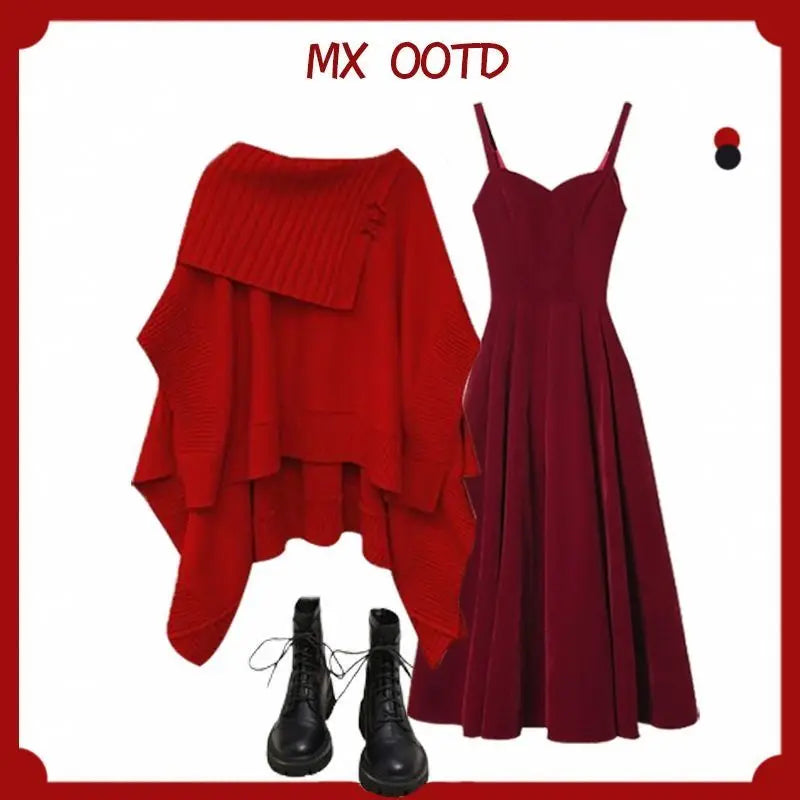 qgtao Korean Fashion Winter Suit Female New Plus Size Women Maillard Personality Loose Knit Sweater Shirt Dress Two-piece Y2k Clothes