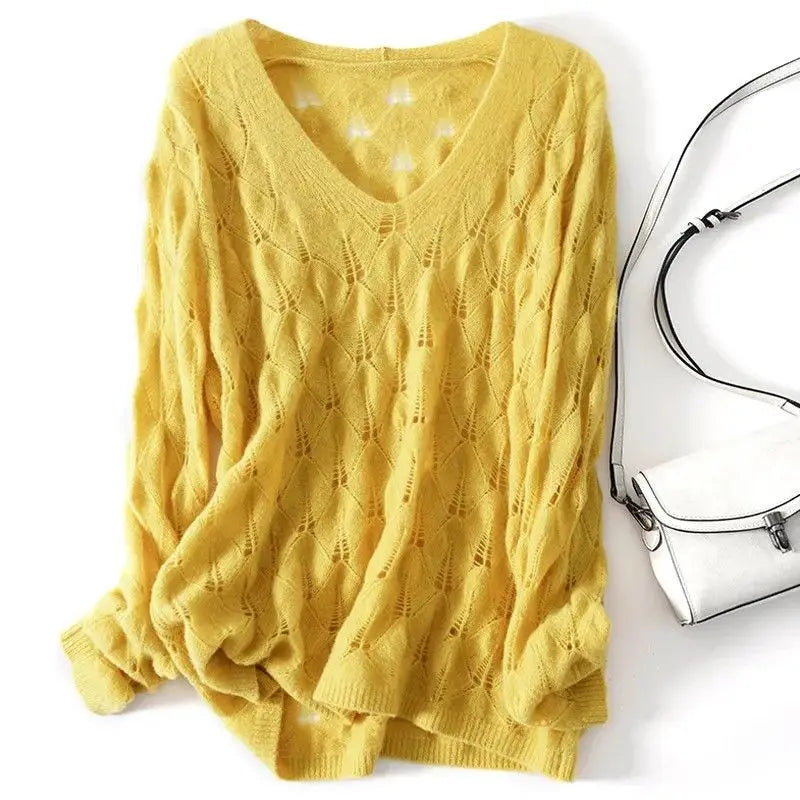 Women's Summer Oversized Sexy Hollow Cover-up Thin Knitted Sweaters Trendy Casual Solid V Neck Long Sleeve Crochet Pullover Tops