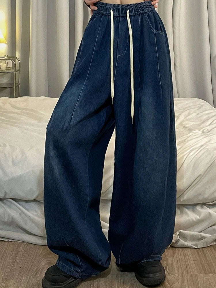 qgtao Women Vintage Baggy Jeans Y2K Elastic High Waist Oversize Street wear Trouser Denim Wide Leg Straight Basic Pants Spring
