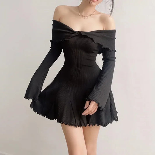 qgtao Autumn Strapless Sexy Black A-LINE Dress Women Off Shoulder Long Sleeves Streetwear Knitting Mini Dresses Elegant Club Partywear