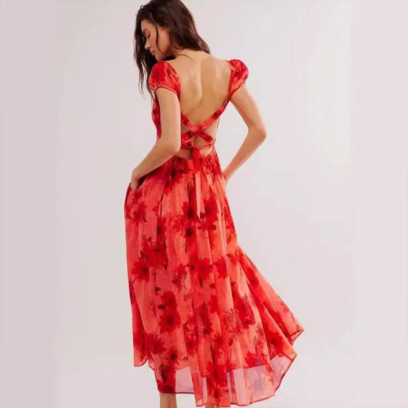 qgtao  -  Sexy Backless Hollow Out Tie-up Long Dress Women Elegant Pattern Print Waist Holiday Party Dress Fashion O-neck Pleat Maxi Dress