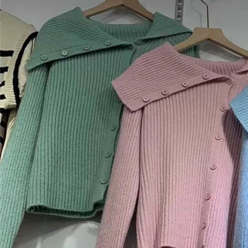 UCXQ Winter Women's Sweater 2024 New Versatile Sexy Coats Solid Irregular Off Shoulder Knitted Cardigan French Retro Knitwears