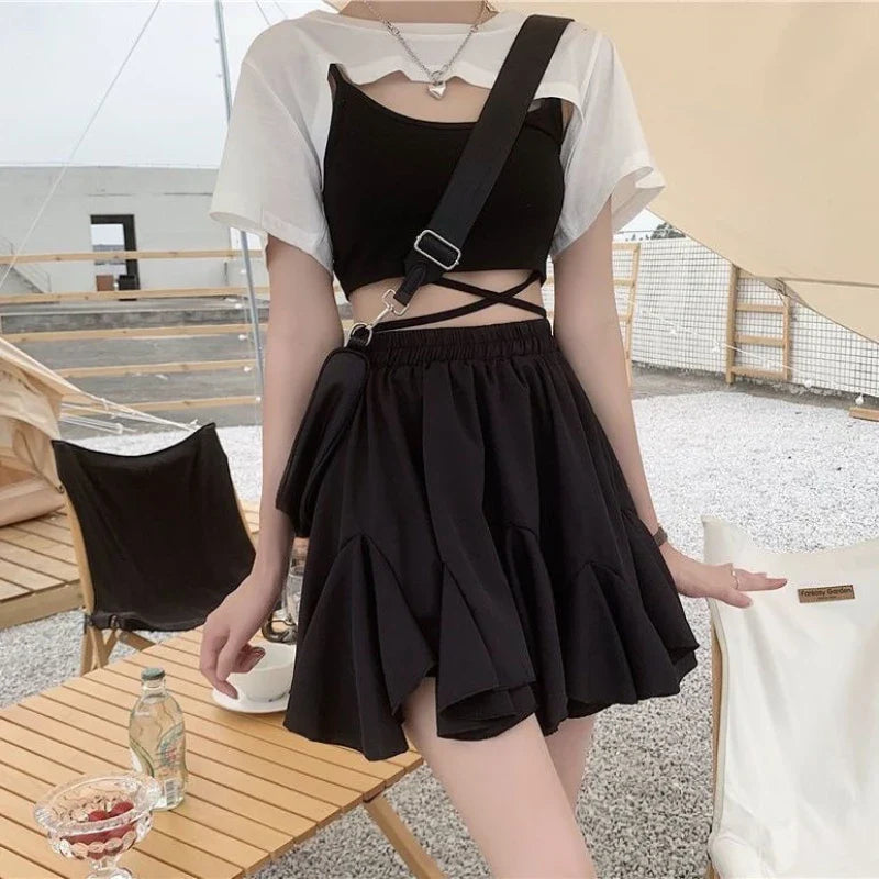 qgtao Elegant Ruffle Women Mini Skirt Korean Style Lace Fairycore Sweet Shorts Skirt Kawaii Pleated Patchwork Casual Skirts
