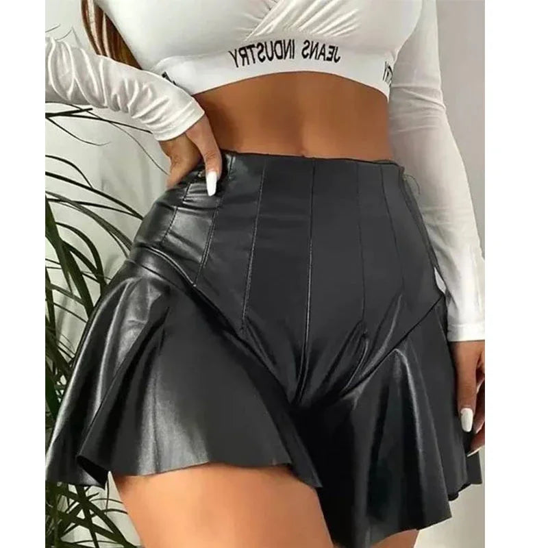 qgtao Sexy Matte Leather Shorts Ruffe Women PU Mini Hakama Shorts Skirt Lady Stretch Slim Hot Pants Nightclub Costume Clubwear Custom
