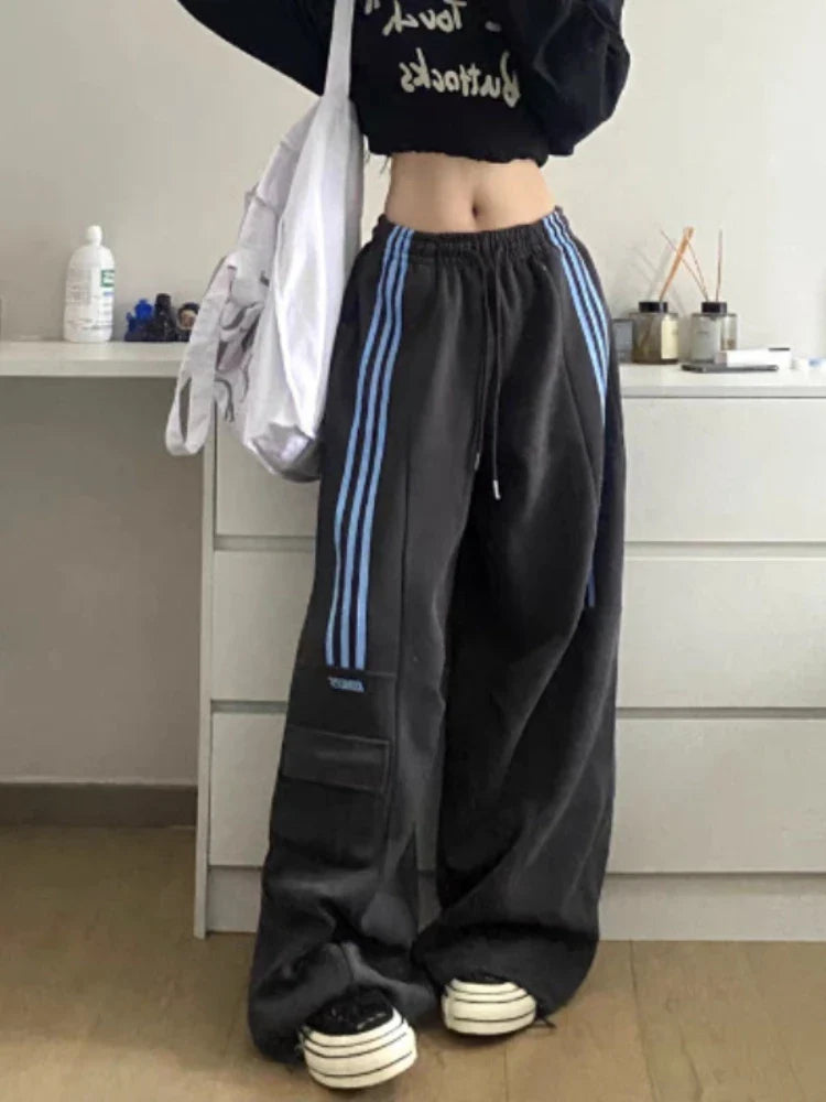 qgtao Y2k Stripe Sweatpants Women Hip Hop High Waist Vintage Loose Wide Leg Pants Street wear Elastic Casual Black Oversize Pants