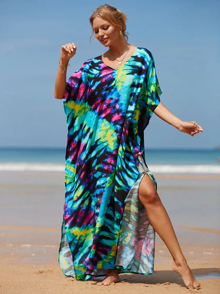 qgtao Cover-ups Kaftan Dress Print Swimsuit Plus Size Swimwears Caftans Maxi Beach Outfits Dress Vacation Outfits