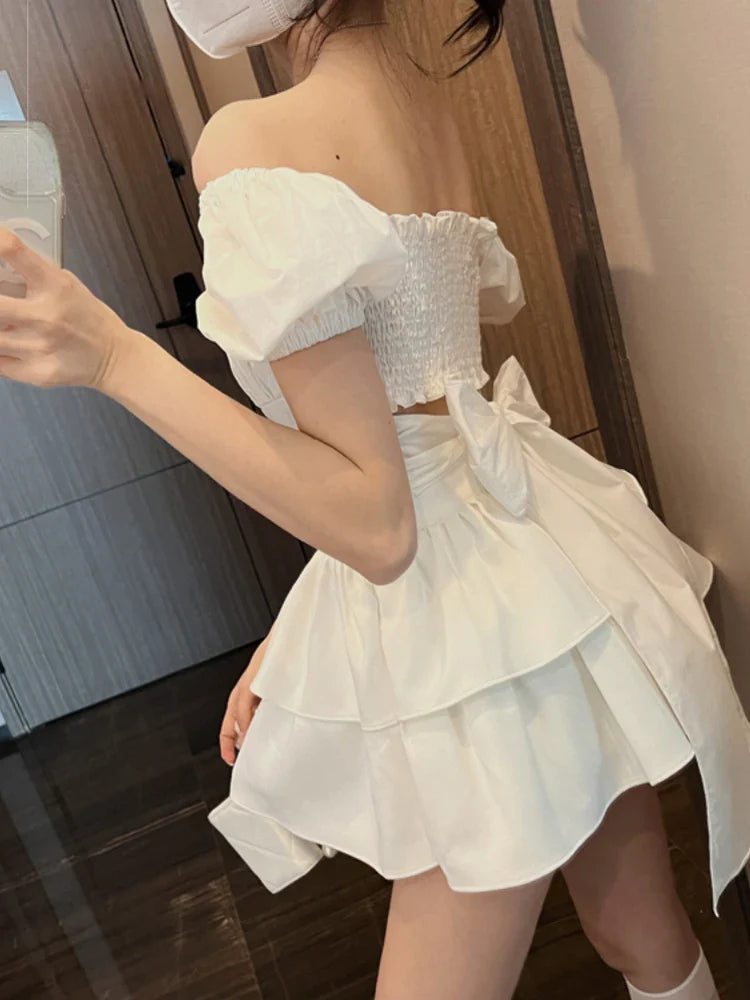 qgtao 2024 White Sexy Backless Mini Dress Women Korean Fashion Casual Elegant Party Dress Female Ruffle Kawaii Lolita Party Y2k Dress