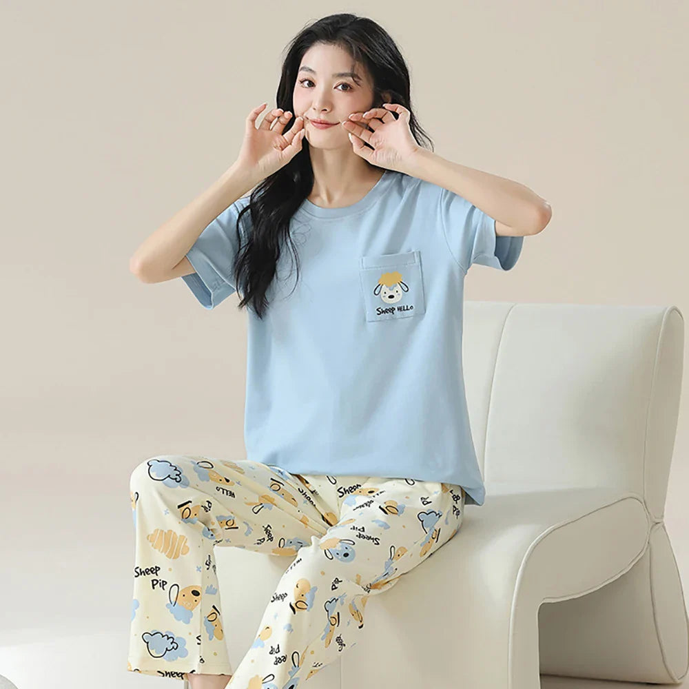 qgtao M-2XL 100% Cotton Women's Pajamas Casual Summer Short Sleeve Thin Pijama Sets Breathable Soft Pajama Sleepwear With Two Pockets